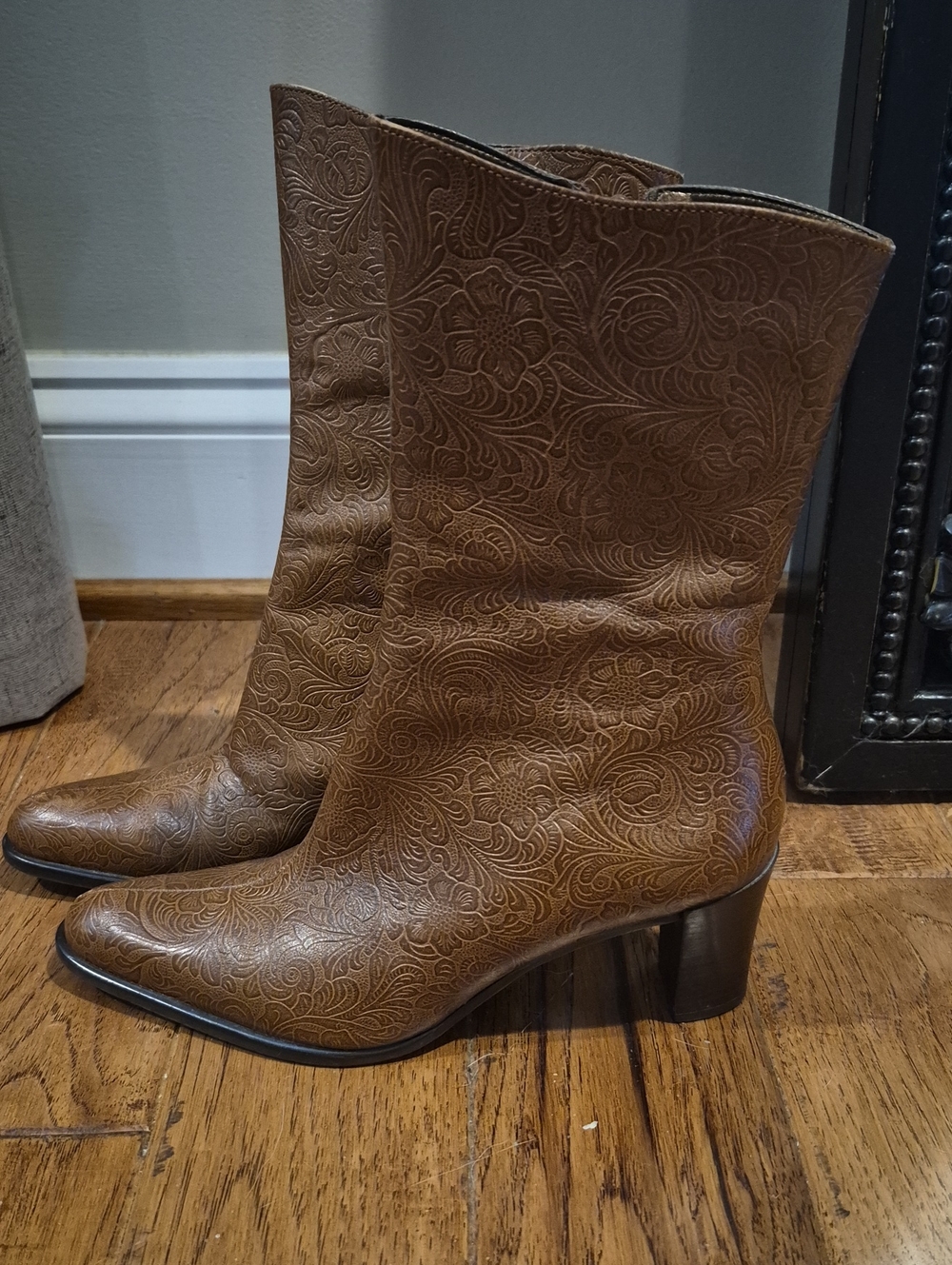 M By Marinelli Brown Embossed Leather Mid-Calf  Boots